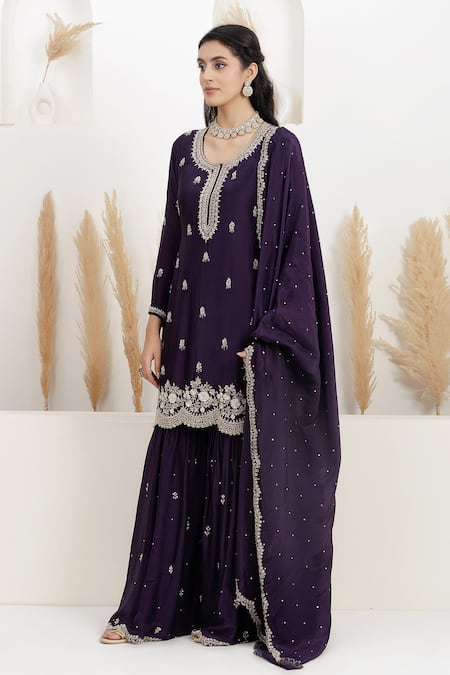 Shop BAIDEHI Purple Satin, Silk, Organza Beads, Sequins, Pearls, Embroidery And Kurta Set Online at Aza Fashions Shop_BAIDEHI_Purple Satin, Silk, Organza Beads, Sequins, Pearls, Embroidery And Kurta Set _Online_at_Aza_Fashions