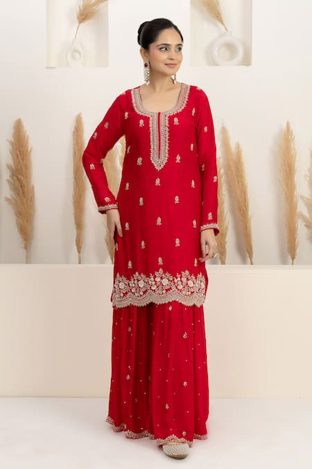 BAIDEHI_Red Satin, Silk, Organza Beads, Sequins, Pearls, Cutdana And Kurta Sharara Set _Online_at_Aza_Fashions