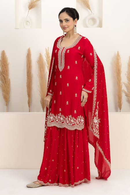 Buy_BAIDEHI_Red Satin, Silk, Organza Beads, Sequins, Pearls, Cutdana And Kurta Sharara Set _Online_at_Aza_Fashions