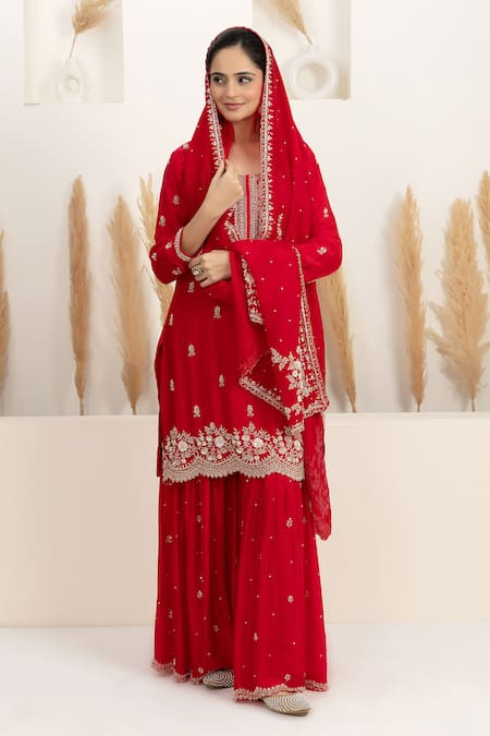 Shop_BAIDEHI_Red Satin, Silk, Organza Beads, Sequins, Pearls, Cutdana And Kurta Sharara Set _Online_at_Aza_Fashions