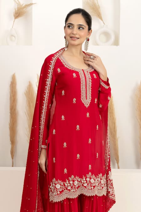BAIDEHI_Red Satin, Silk, Organza Beads, Sequins, Pearls, Cutdana And Kurta Sharara Set _at_Aza_Fashions