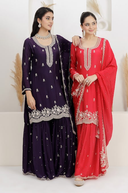 Buy_BAIDEHI_Red Satin, Silk, Organza Beads, Sequins, Pearls, Cutdana And Kurta Sharara Set 