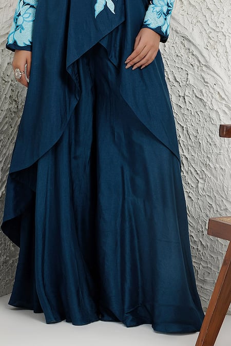 Shop_BAIDEHI_Blue Silk, Bemberg Applique, Embroidery V-neck Kurta And Palazzo Set _Online_at_Aza_Fashions