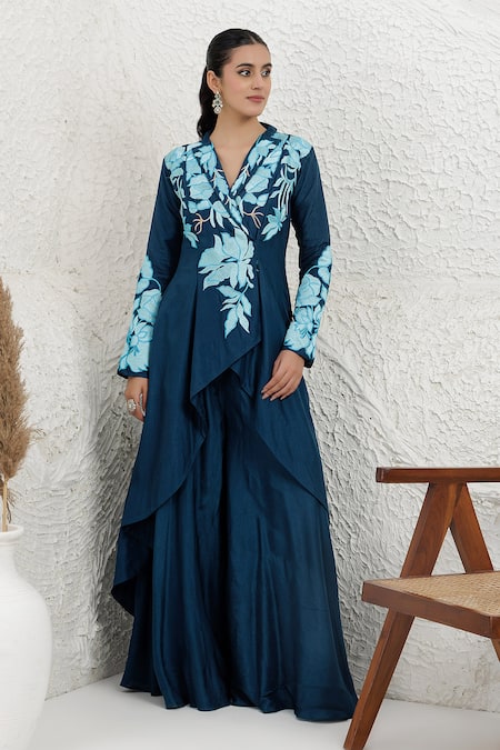 BAIDEHI_Blue Silk, Bemberg Applique, Embroidery V-neck Kurta And Palazzo Set _at_Aza_Fashions