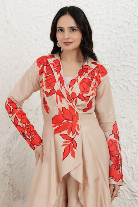 Shop_BAIDEHI_Beige Bemberg, Silk Applique, Embroidery V-neck Kurta And Palazzo Set _Online_at_Aza_Fashions