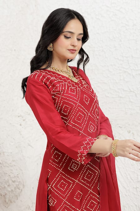 BAIDEHI_Red Silk, Organza Embroidery V-neck French Knot Kurta Set _at_Aza_Fashions