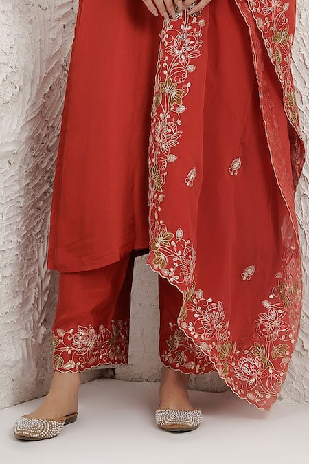 BAIDEHI_Orange Silk, Organza Embroidery, Applique V-neck Pitta Work Straight Kurta Set _Online_at_Aza_Fashions