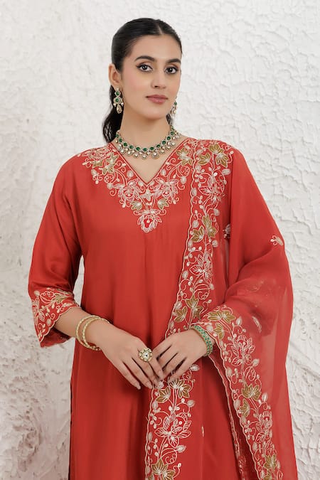 Shop_BAIDEHI_Orange Silk, Organza Embroidery, Applique V-neck Pitta Work Straight Kurta Set _Online_at_Aza_Fashions