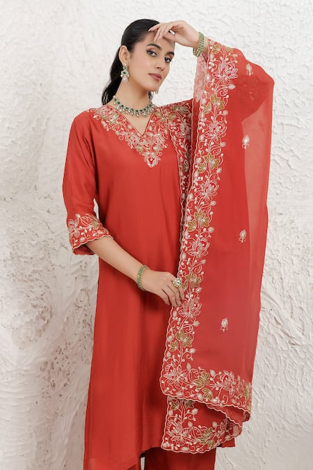 Buy_BAIDEHI_Orange Silk, Organza Embroidery, Applique V-neck Pitta Work Straight Kurta Set 