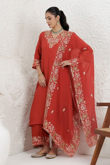 Shop_BAIDEHI_Orange Silk, Organza Embroidery, Applique V-neck Pitta Work Straight Kurta Set 