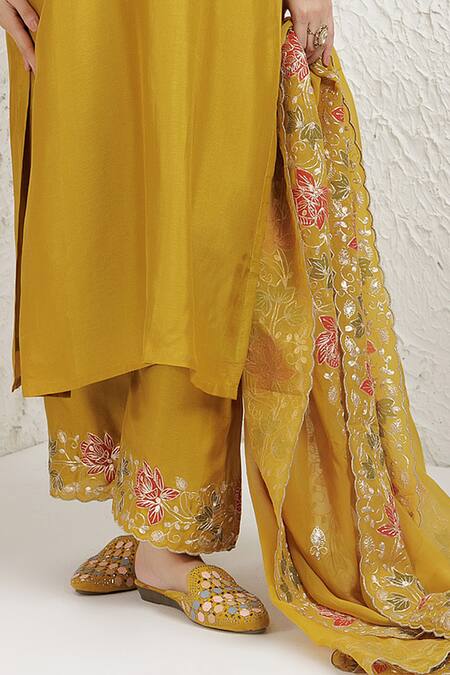 BAIDEHI_Mustard Silk, Organza Embroidery, Applique, Pitta And Work Straight Kurta Set _Online_at_Aza_Fashions