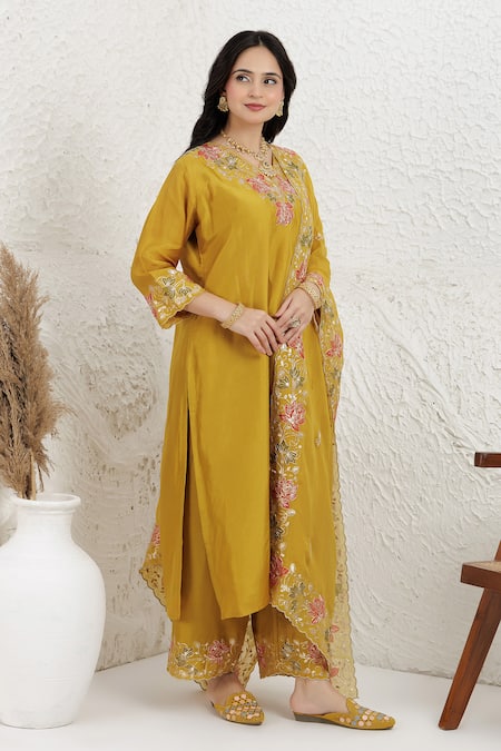 Buy_BAIDEHI_Mustard Silk, Organza Embroidery, Applique, Pitta And Work Straight Kurta Set _Online_at_Aza_Fashions