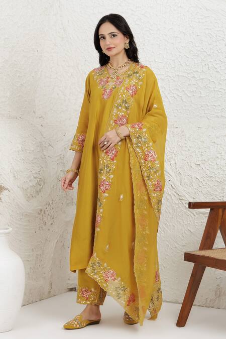 Shop_BAIDEHI_Mustard Silk, Organza Embroidery, Applique, Pitta And Work Straight Kurta Set _Online_at_Aza_Fashions