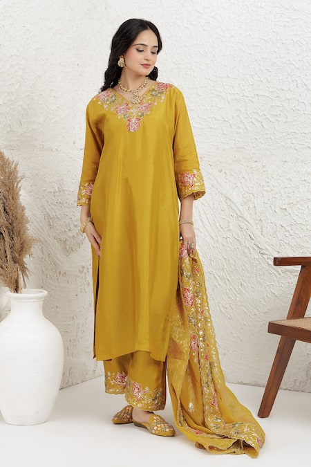 BAIDEHI_Mustard Silk, Organza Embroidery, Applique, Pitta And Work Straight Kurta Set _at_Aza_Fashions
