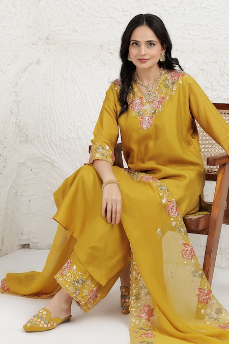 Buy_BAIDEHI_Mustard Silk, Organza Embroidery, Applique, Pitta And Work Straight Kurta Set 