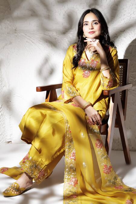 Shop_BAIDEHI_Mustard Silk, Organza Embroidery, Applique, Pitta And Work Straight Kurta Set 
