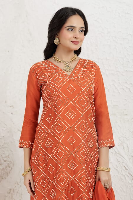 Shop_BAIDEHI_Orange Silk, Organza Embroidery V-neck French Knot Kurta Set _Online_at_Aza_Fashions