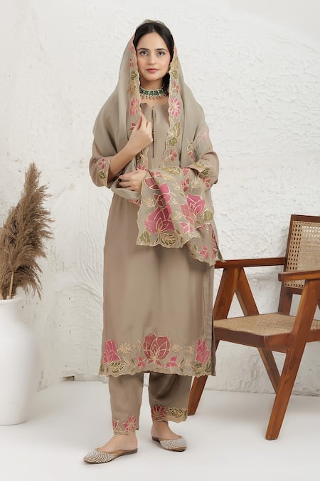 BAIDEHI_Grey Muslin, Silk, Organza Applique, Embroidery Round Neck Pitta And Kurta Set _Online_at_Aza_Fashions