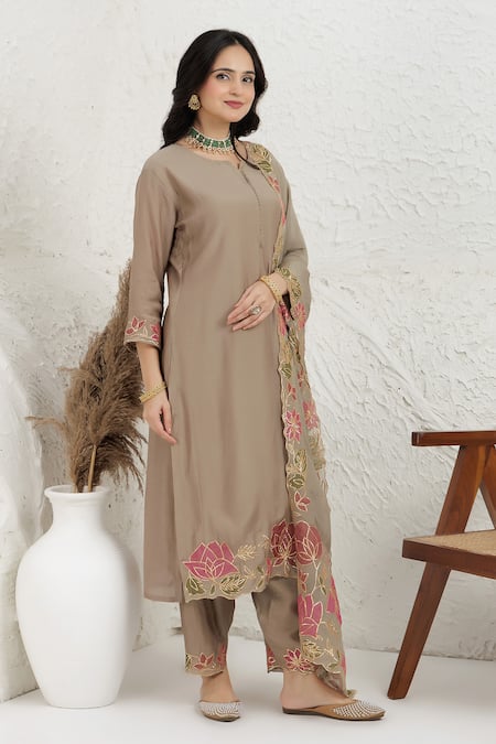 Shop_BAIDEHI_Grey Muslin, Silk, Organza Applique, Embroidery Round Neck Pitta And Kurta Set _Online_at_Aza_Fashions
