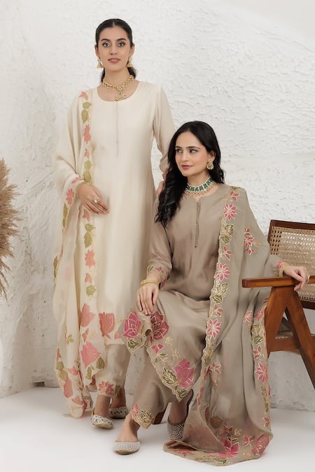 BAIDEHI_Grey Muslin, Silk, Organza Applique, Embroidery Round Neck Pitta And Kurta Set _at_Aza_Fashions