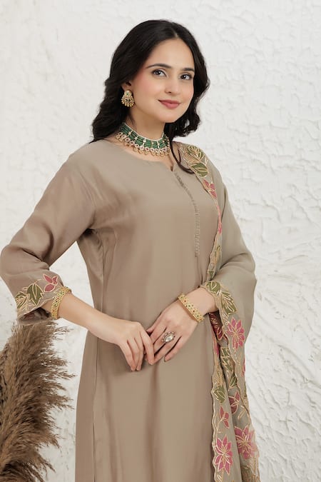 Buy_BAIDEHI_Grey Muslin, Silk, Organza Applique, Embroidery Round Neck Pitta And Kurta Set 