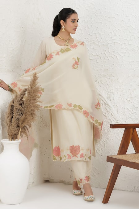 Shop_BAIDEHI_Ivory Muslin, Silk, Organza Applique, Embroidery Round Pitta And Work Kurta Set _Online_at_Aza_Fashions