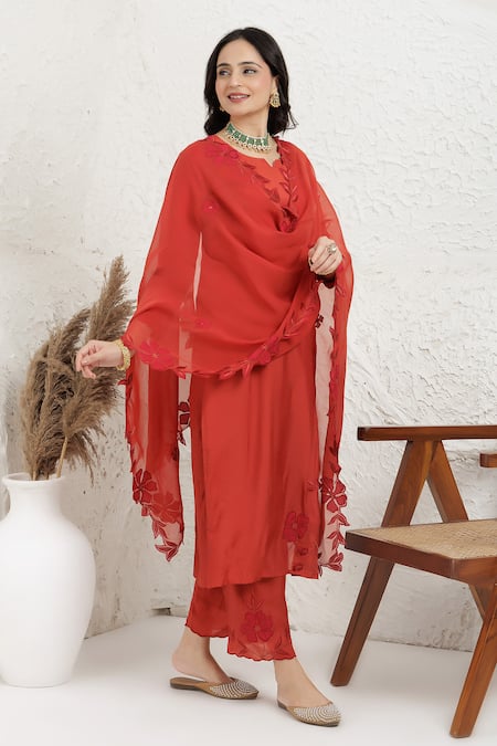 Buy_BAIDEHI_Rust Muslin, Silk, Organza Applique Split V-neck Work Kurta Set 