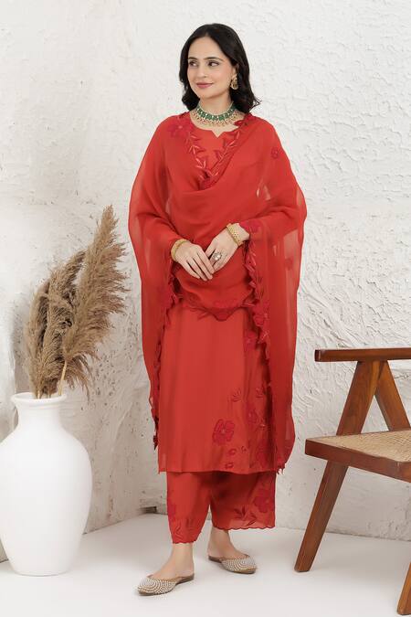Shop_BAIDEHI_Rust Muslin, Silk, Organza Applique Split V-neck Work Kurta Set 