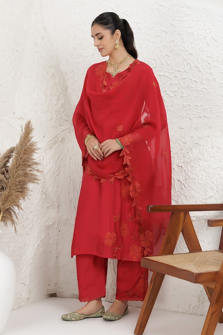 Shop_BAIDEHI_Red Silk, Muslin, Organza Applique Round Neck Work Kurta Pant Set 
