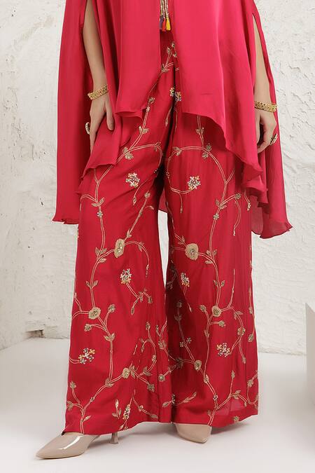 BAIDEHI Red Bemberg, Silk Beads, Sequins, Pearls, Embroidery V-neck, Cape Palazzo Set Online at Aza Fashions BAIDEHI_Red Bemberg, Silk Beads, Sequins, Pearls, Embroidery V-neck, Cape Palazzo Set _Online_at_Aza_Fashions