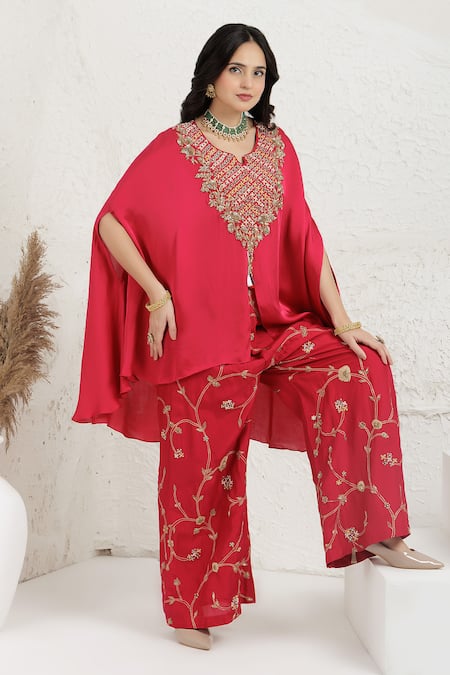 Buy BAIDEHI Red Bemberg, Silk Beads, Sequins, Pearls, Embroidery V-neck, Cape Palazzo Set Online at Aza Fashions Buy_BAIDEHI_Red Bemberg, Silk Beads, Sequins, Pearls, Embroidery V-neck, Cape Palazzo Set _Online_at_Aza_Fashions