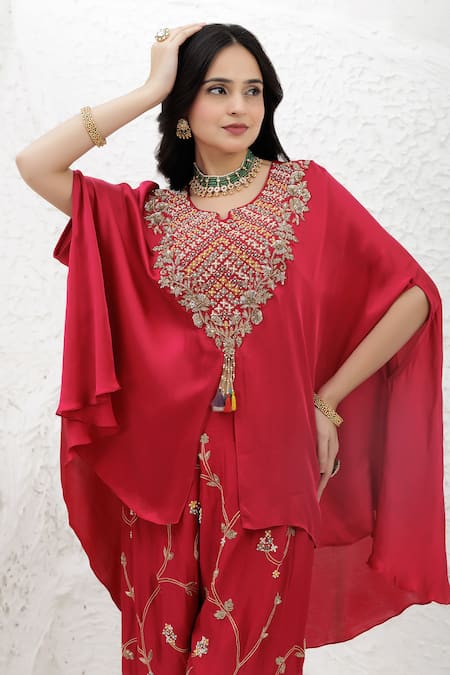 BAIDEHI Red Bemberg, Silk Beads, Sequins, Pearls, Embroidery V-neck, Cape Palazzo Set at Aza Fashions BAIDEHI_Red Bemberg, Silk Beads, Sequins, Pearls, Embroidery V-neck, Cape Palazzo Set _at_Aza_Fashions