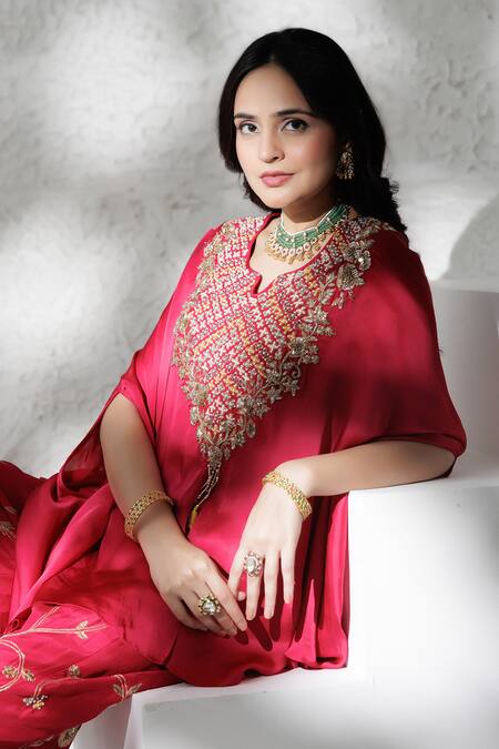 Buy BAIDEHI Red Bemberg, Silk Beads, Sequins, Pearls, Embroidery V-neck, Cape Palazzo Set Buy_BAIDEHI_Red Bemberg, Silk Beads, Sequins, Pearls, Embroidery V-neck, Cape Palazzo Set