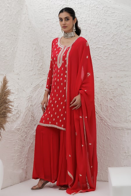 BAIDEHI_Red Chinon, Georgette, Organza Embroidery, Beads, Pearls, Kurta Sharara Set _Online_at_Aza_Fashions