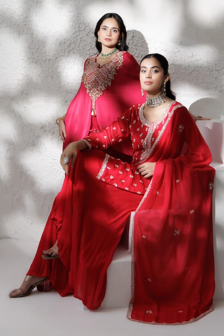 Buy_BAIDEHI_Red Chinon, Georgette, Organza Embroidery, Beads, Pearls, Kurta Sharara Set _Online_at_Aza_Fashions