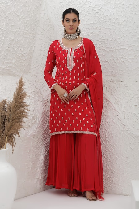 BAIDEHI_Red Chinon, Georgette, Organza Embroidery, Beads, Pearls, Kurta Sharara Set _at_Aza_Fashions