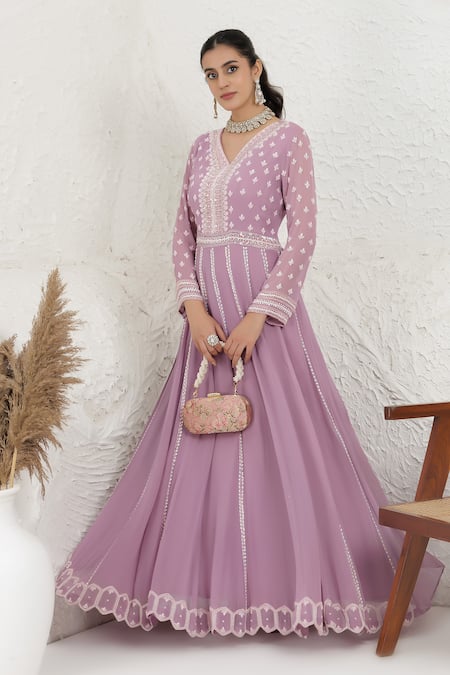 Buy BAIDEHI Purple Georgette Beads, Sequins, Pearls V-neck Embroidered Gown Online at Aza Fashions Buy_BAIDEHI_Purple Georgette Beads, Sequins, Pearls V-neck Embroidered Gown _Online_at_Aza_Fashions