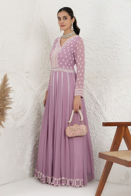 Shop BAIDEHI Purple Georgette Beads, Sequins, Pearls V-neck Embroidered Gown Online at Aza Fashions Shop_BAIDEHI_Purple Georgette Beads, Sequins, Pearls V-neck Embroidered Gown _Online_at_Aza_Fashions