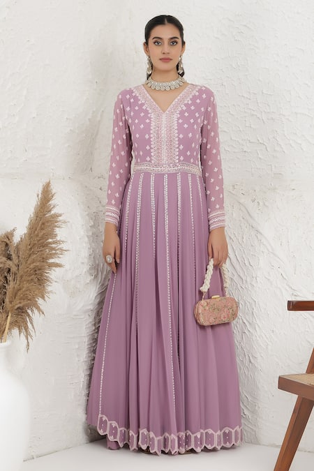 BAIDEHI Purple Georgette Beads, Sequins, Pearls V-neck Embroidered Gown at Aza Fashions BAIDEHI_Purple Georgette Beads, Sequins, Pearls V-neck Embroidered Gown _at_Aza_Fashions