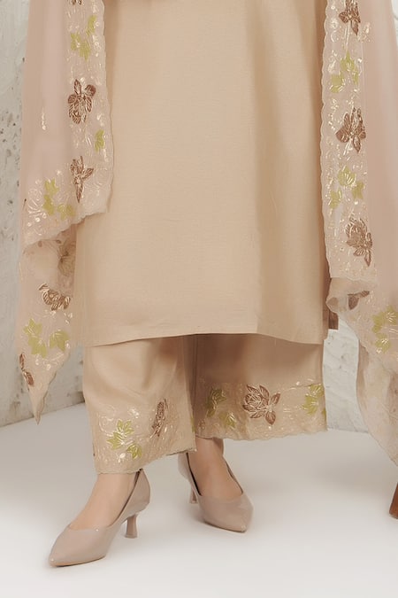 BAIDEHI Beige Silk, Organza Embroidery, Applique V-neck Pitta And Work Kurta Set Online at Aza Fashions BAIDEHI_Beige Silk, Organza Embroidery, Applique V-neck Pitta And Work Kurta Set _Online_at_Aza_Fashions