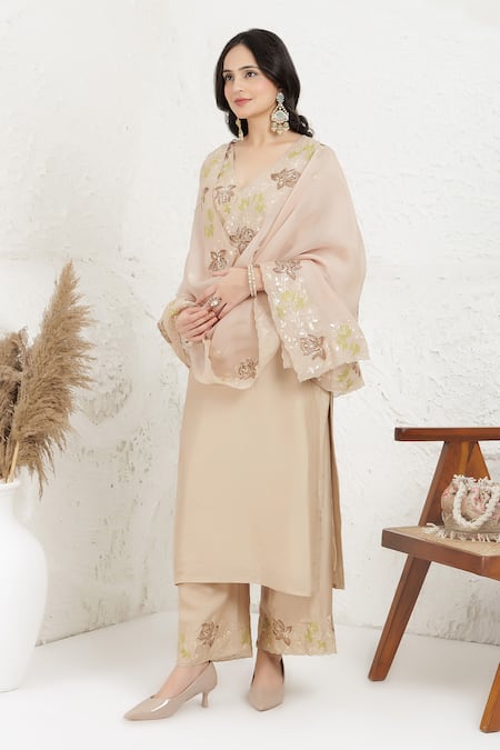 Shop BAIDEHI Beige Silk, Organza Embroidery, Applique V-neck Pitta And Work Kurta Set Online at Aza Fashions Shop_BAIDEHI_Beige Silk, Organza Embroidery, Applique V-neck Pitta And Work Kurta Set _Online_at_Aza_Fashions