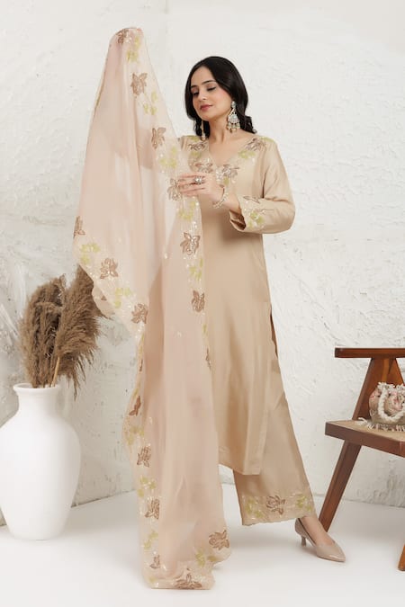 BAIDEHI Beige Silk, Organza Embroidery, Applique V-neck Pitta And Work Kurta Set at Aza Fashions BAIDEHI_Beige Silk, Organza Embroidery, Applique V-neck Pitta And Work Kurta Set _at_Aza_Fashions