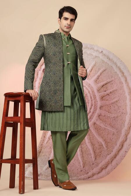 Soniya G_Olive Green Embroidery, Metallic Thread Floral Jacket Kurta Set _Online_at_Aza_Fashions