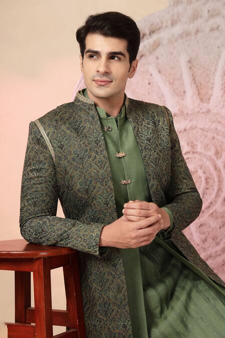 Shop_Soniya G_Olive Green Embroidery, Metallic Thread Floral Jacket Kurta Set _Online_at_Aza_Fashions