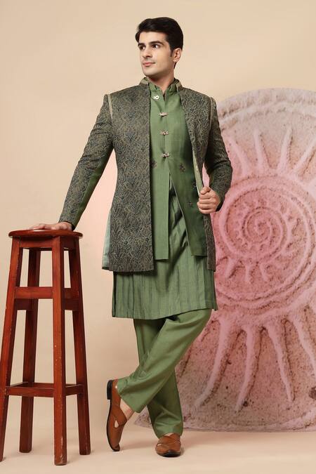 Soniya G_Olive Green Embroidery, Metallic Thread Floral Jacket Kurta Set _at_Aza_Fashions