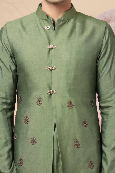 Buy_Soniya G_Olive Green Embroidery, Metallic Thread Floral Jacket Kurta Set 