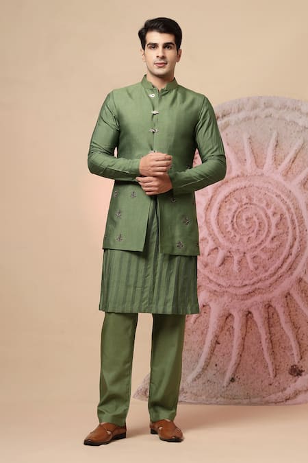 Shop Soniya G Olive Green Embroidery, Metallic Thread Floral Jacket Kurta Set Shop_Soniya G_Olive Green Embroidery, Metallic Thread Floral Jacket Kurta Set