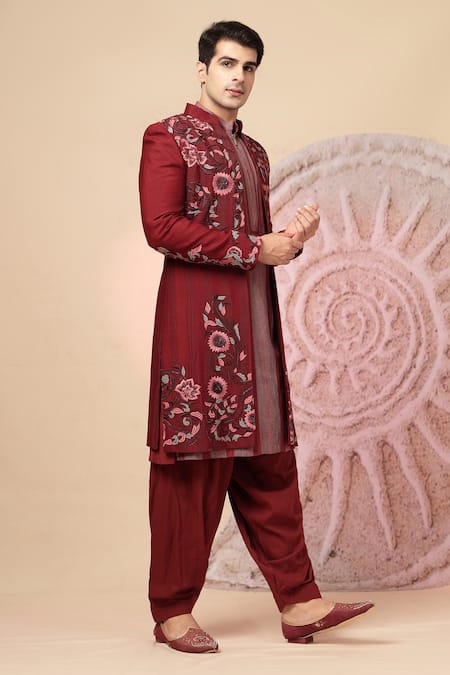 Soniya G_Maroon Silk Embroidery Sherwani Jacket And Kurta Set _Online_at_Aza_Fashions