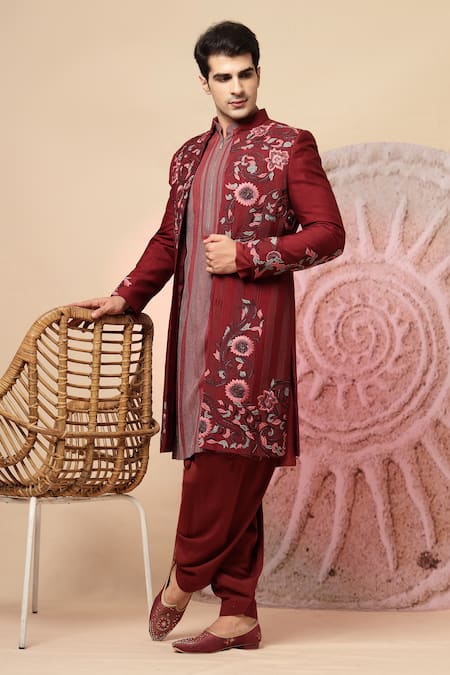 Buy_Soniya G_Maroon Silk Embroidery Sherwani Jacket And Kurta Set _Online_at_Aza_Fashions