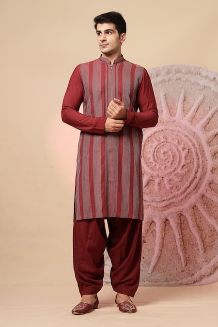 Shop_Soniya G_Maroon Silk Embroidery Sherwani Jacket And Kurta Set _Online_at_Aza_Fashions
